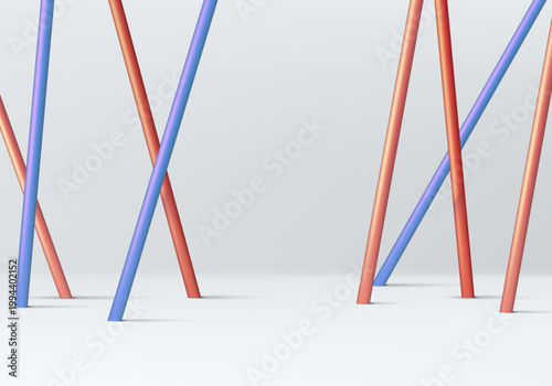 ミニマルなグレー背景に交差する赤と青のグラデーションチューブが作る未来的で洗練された抽象立体デザイン