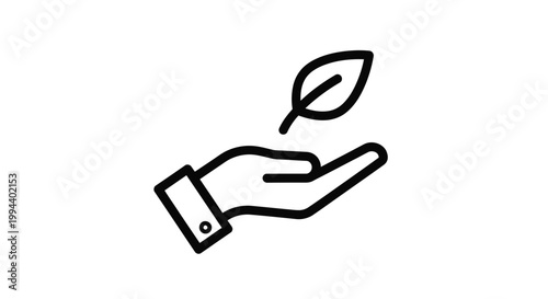 Simple vector line art illustration showing a professional human hand palm gently cradling a small natural leaf symbol representing environmental sustainability and green corporate initiatives
