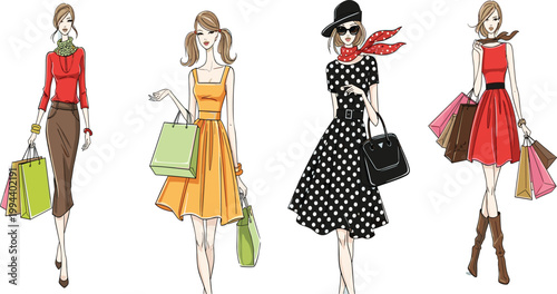 Set of four stylish hand drawn vector fashion illustrations of women with shopping bags isolated on white background.