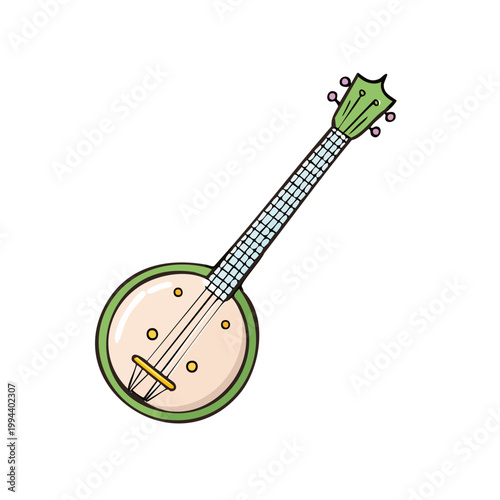 Cartoon Banjo String Instrument with Green Neck and Round Body