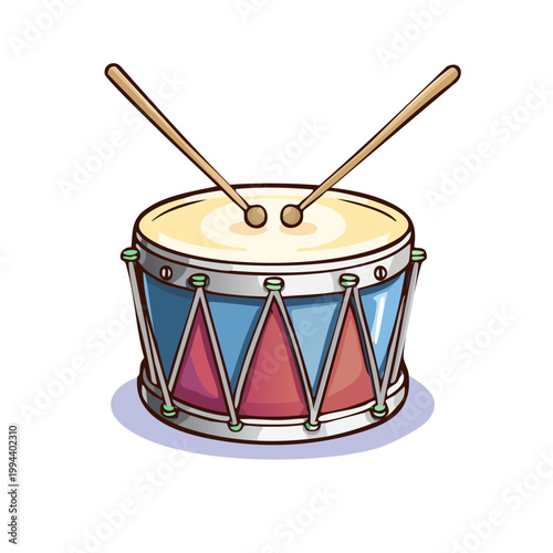 Vintage toy drum with drumsticks, colorful musical instrument for children's play and entertainment