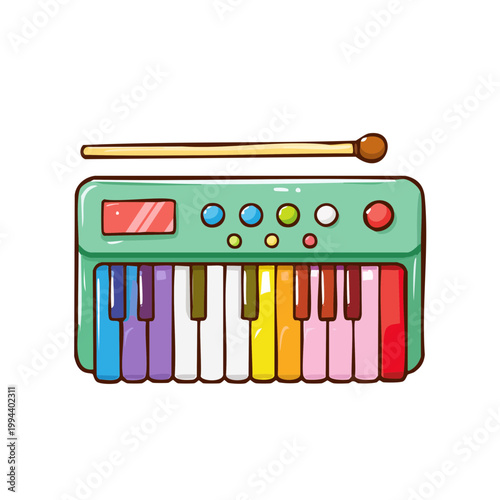 Colorful children's toy keyboard with a drumstick on a white background
