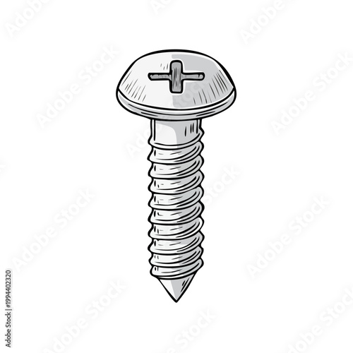 Detailed illustration of a single silver metal screw with a Phillips head and sharp point