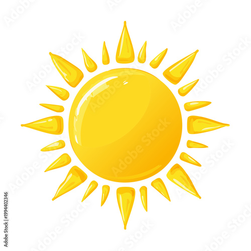 Radiant Yellow Sun With Jagged Rays Shining Brightly Isolated on White
