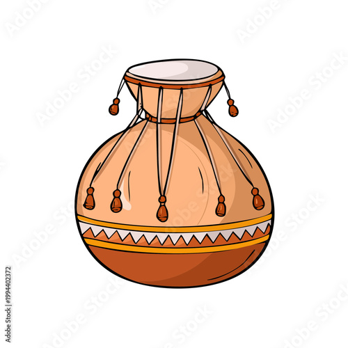 Traditional Handcrafted Percussion Drum with Decorative Tassels and Geometric Pattern