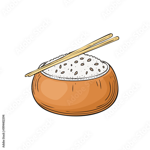 Bowl of white rice with chopsticks resting on top, simple illustration