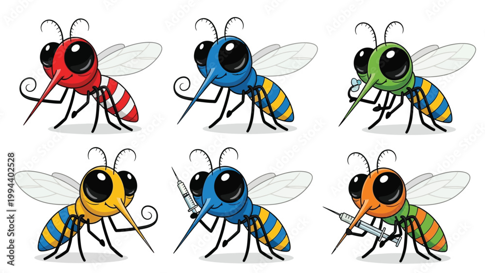 Fototapeta premium Set of six cartoon mosquitoes, each with unique colors and holding a syringe, representing different aspects of mosquito control or potential health concerns