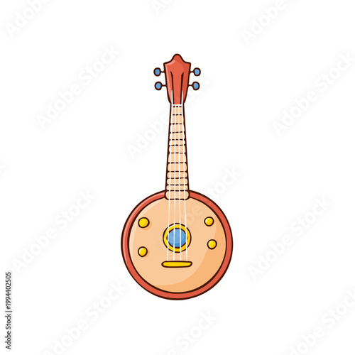 Cute cartoon banjo ukulele with simple strings and tuning pegs in a flat design style