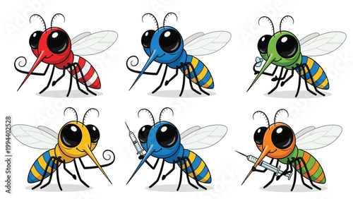 Set of six cartoon mosquitoes, each with unique colors and holding a syringe, representing different aspects of mosquito control or potential health concerns