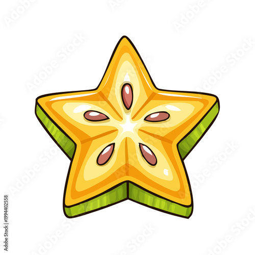 Illustrative Slice of Star Fruit with Visible Seeds and Vibrant Yellow and Green Hues