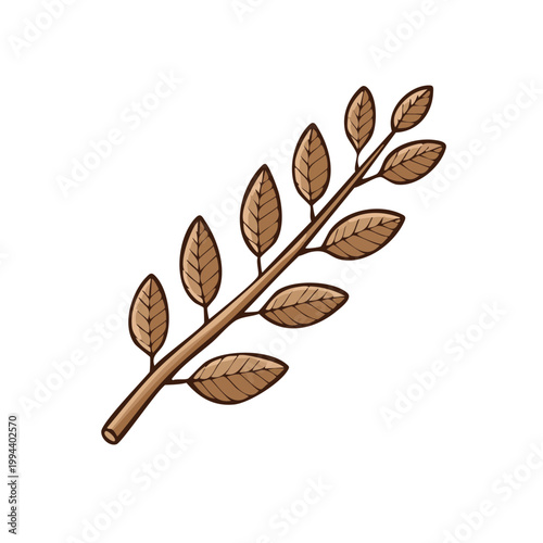 Illustration of a brown branch with alternating leaves, hand-drawn style