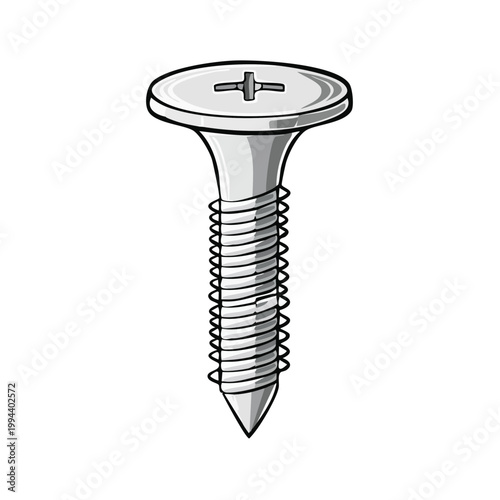 Detailed Illustration of a Single Metal Screw with a Phillips Head and Spiral Threads