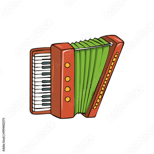 Illustration of a colorful accordion musical instrument with a keyboard and bellows