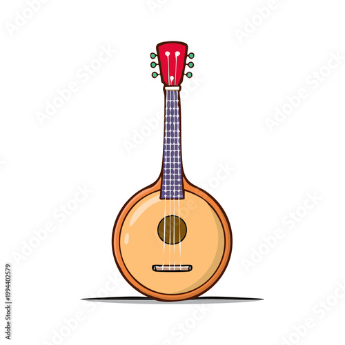 Traditional Round Body Stringed Instrument Cartoon Illustration
