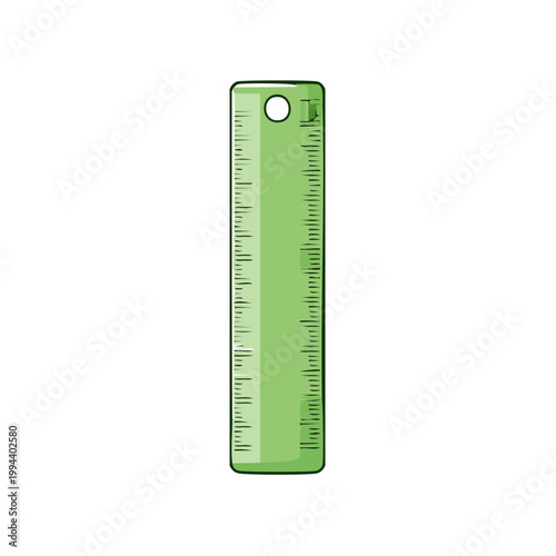 Green plastic ruler with measurement markings for school and office use isolated on white