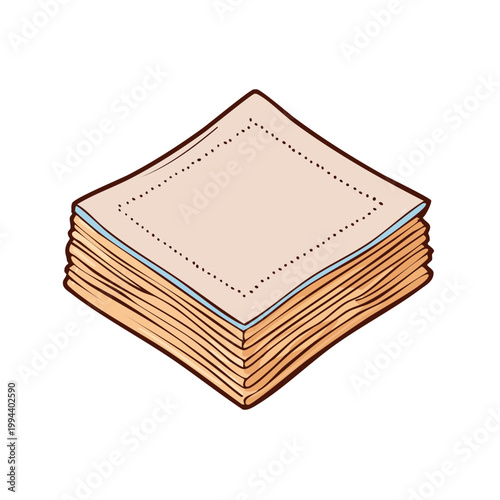 Stack of light brown square paper napkins with dotted borders on a white background