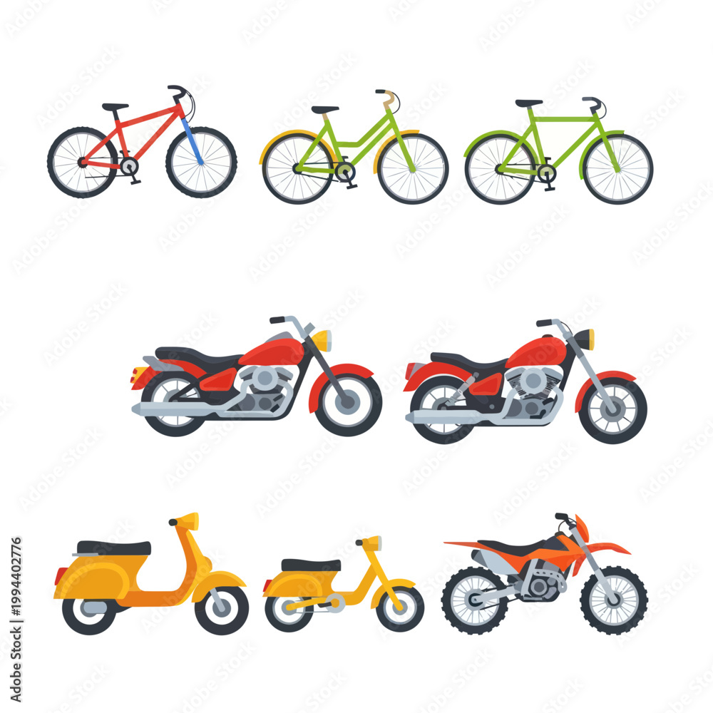Fototapeta premium Collection of Bicycles, Motorcycles, and Scooters