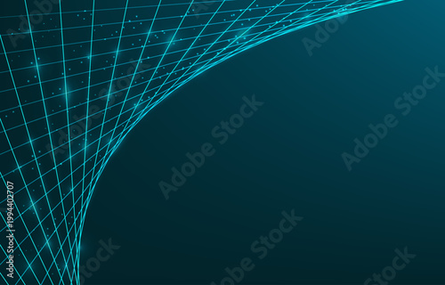 ダークグリーンの空間に広がる発光グリッドとネットワークラインが奥行きを演出する近未来データ空間イメージ背景
