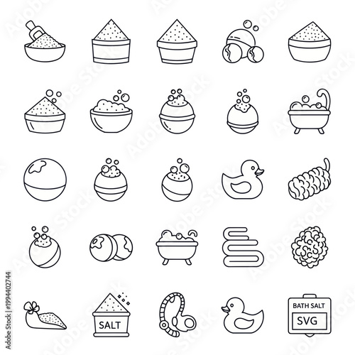 Bath Time Icons: Salts, Bombs, Rubber Duck, Towels, Loofah, Bathtub