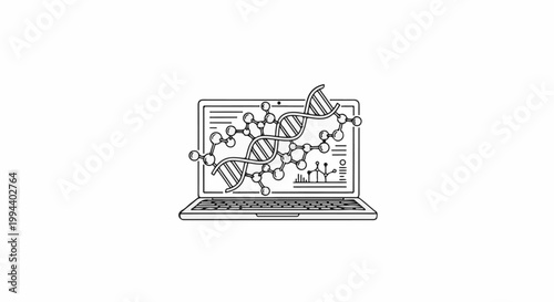 Laptop displaying DNA helix and molecular structures with graphs