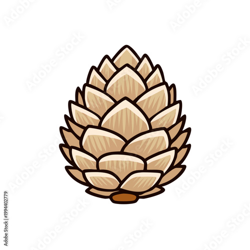 Stylized illustration of a single pine cone with layered scales and a brown base