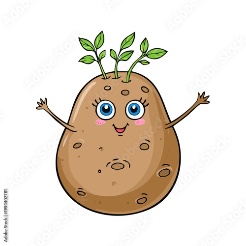 Cheerful cartoon potato character with sprouting leaves and outstretched arms, happy expression