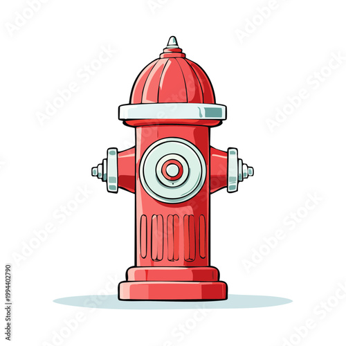 Classic Red Fire Hydrant Drawing with Silver Accents on White Background