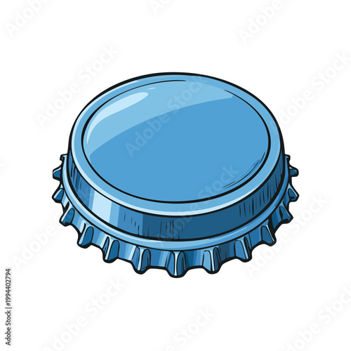 Illustration of a blue metal bottle cap with a ribbed edge on a white background