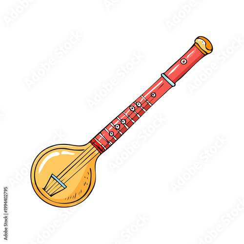 Colorful Illustration of a Traditional Indian Stringed Instrument with a Resonator and Long Neck