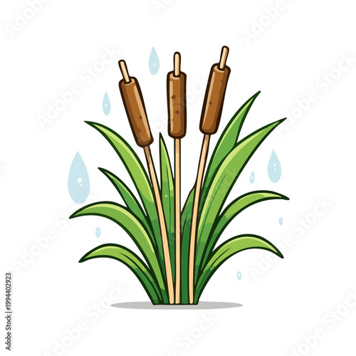 Illustration of three brown cattails with green leaves and falling blue raindrops