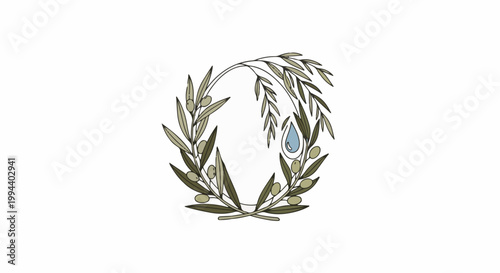Olive branches form a wreath with a blue teardrop shape