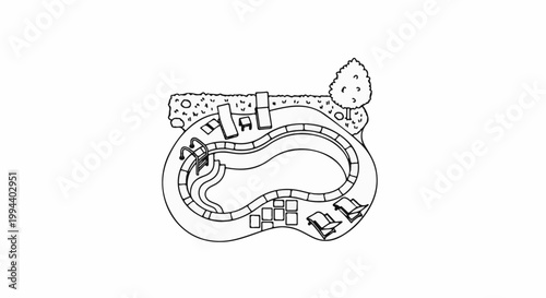Overhead view of a backyard swimming pool with lounge chairs, a slide, and landscaping
