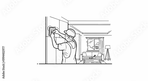 Person in hard hat applying plaster to wall in living room