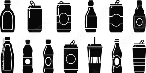 Black and white of various beverage bottles and cans soda drink