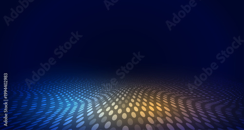 ネイビーブルーの空間に広がるグラデーションドットが未来感を演出するデジタルテクノロジー抽象背景・AIやビッグデータ表現に最適