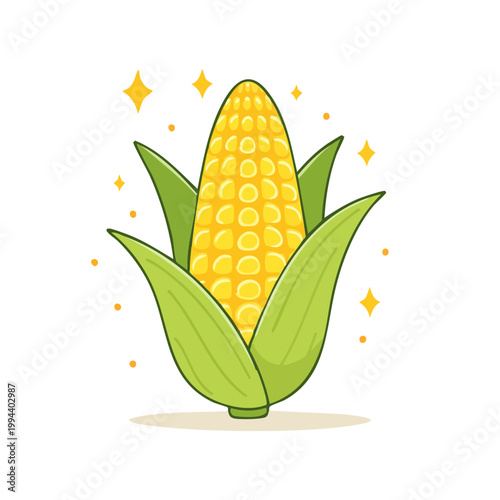 Illustration of a single ripe ear of corn with bright yellow kernels and green leaves