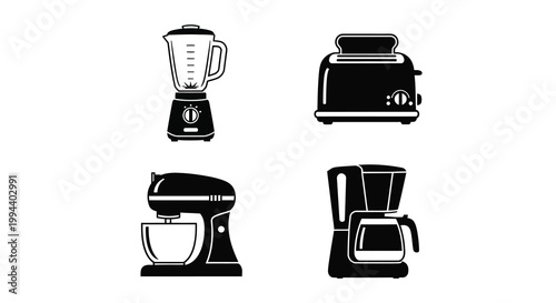 Black kitchen appliances depicted in a minimalist silhouette