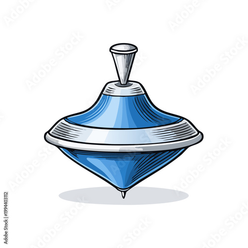 Classic blue metal spinning top toy in motion with a bright metallic sheen and striped detail