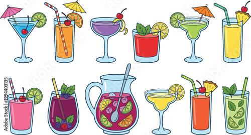 Collection of tropical summer cocktails and fresh juices with fruit garnishes, flat vector illustration icons