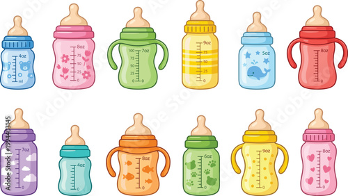 cute baby feeding bottles with handles and measurements, flat vector cartoon illustration icons