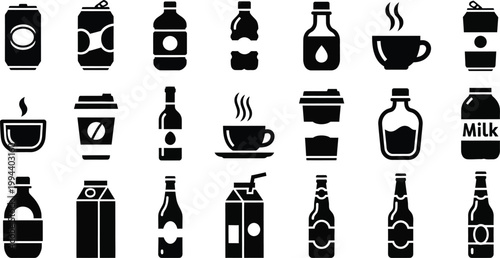 Black and white of various beverage containers and cups drink bottle
