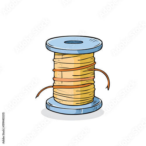 Cartoon illustration of a spool of golden thread with loose ends and an empty core