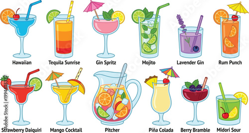 Collection of popular summer cocktails with names, tropical drinks and fresh fruit garnishes, flat vector illustration