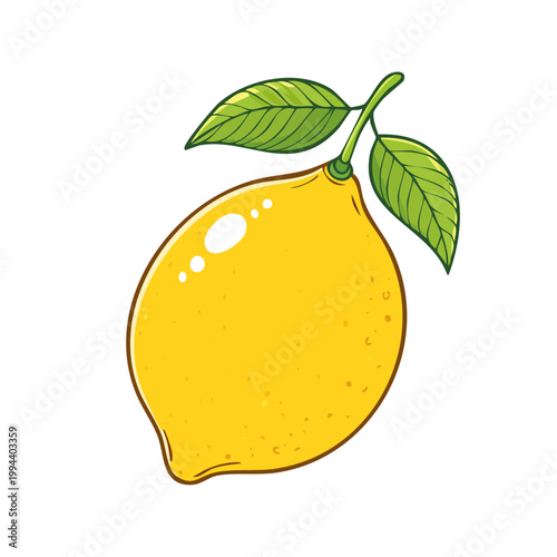 Bright yellow lemon with green leaves on white background illustration