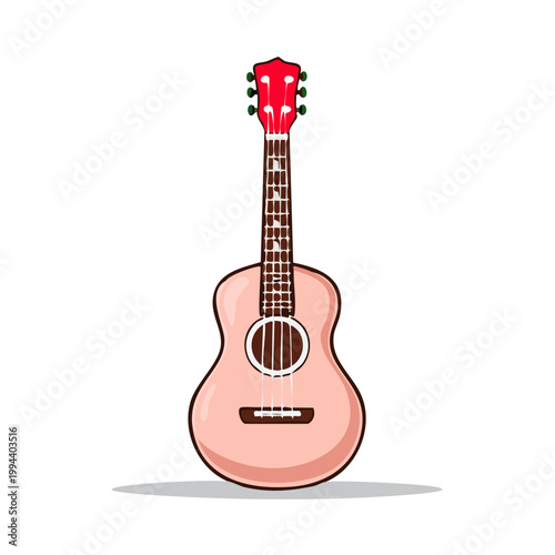 Acoustic ukulele with a vibrant red headstock and light brown body isolated on a plain background