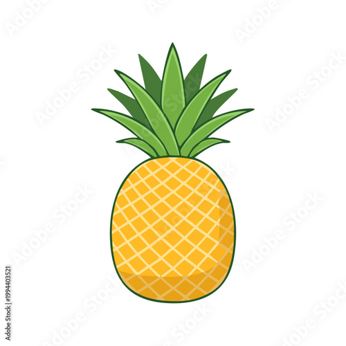 Illustration of a ripe golden pineapple with green spiky leaves on a white background