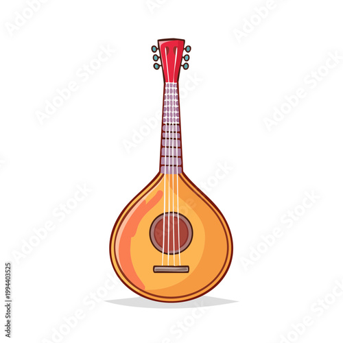 Stylized illustration of a mandolin family instrument with a pear-shaped body and six tuning pegs