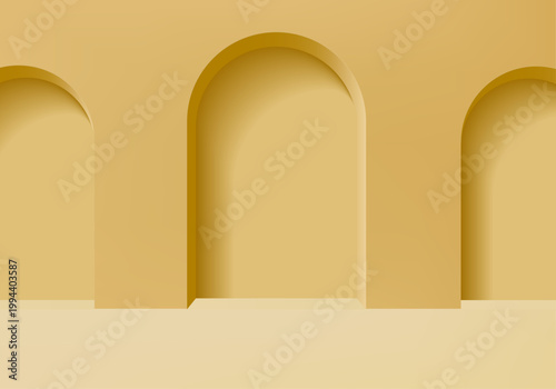 ゴールドトーンの立体的アーチ建築をモチーフにした高級感のあるミニマル背景、陰影と奥行きが美しい空間デザイン素材