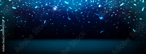 暗い空間に青く輝く光粒子が舞い散る未来的なデジタルステージ背景、テクノロジーと幻想が融合したイベント・映像演出向け抽象ビジュアル