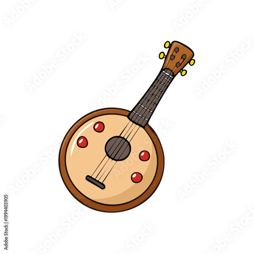 Cartoon Round Stringed Instrument with Four Red Accents and Wooden Headstock